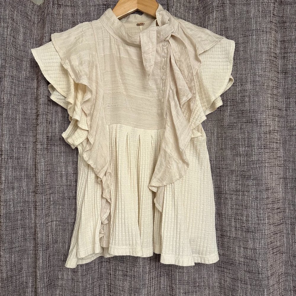 Free People Cream Ruffled Short Sleeved Top